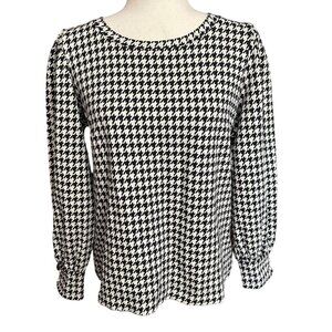 Talbots Shirt Women L Petite Houndstooth Black & White Long Sleeve Button Cuff